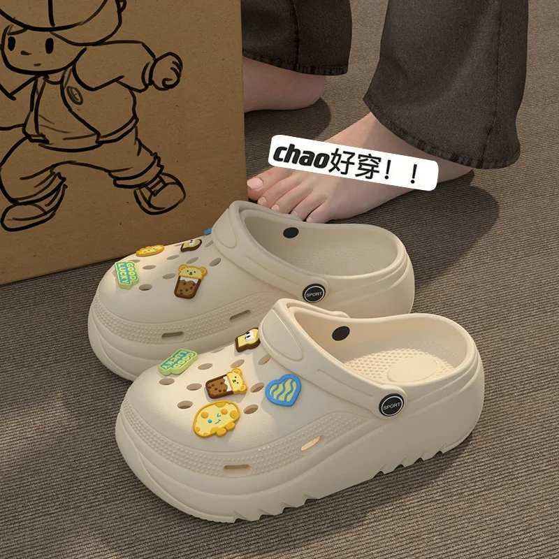 Туфли с дырочками на толстой подошве, женская летняя одежда, пляжные сандалии, домашние тапочки из ЭВА для девочек, новинка 2023 года