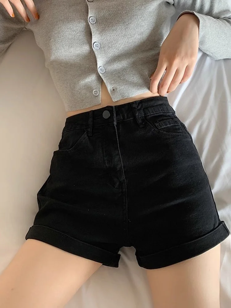High Waist Black Elastic Denim Shorts Women's A-Line Cuffed Summer Slimming Hot Pants Trendy Cotton Stretch Jeans Short Shorts