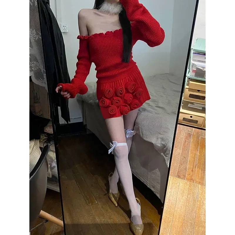 Christmas Red Knitwear Dress Sets Off-shoulder Slim Knitted Sweater Top Short Appliques Skirt 2024 Autumn Women's Two-piece Suit