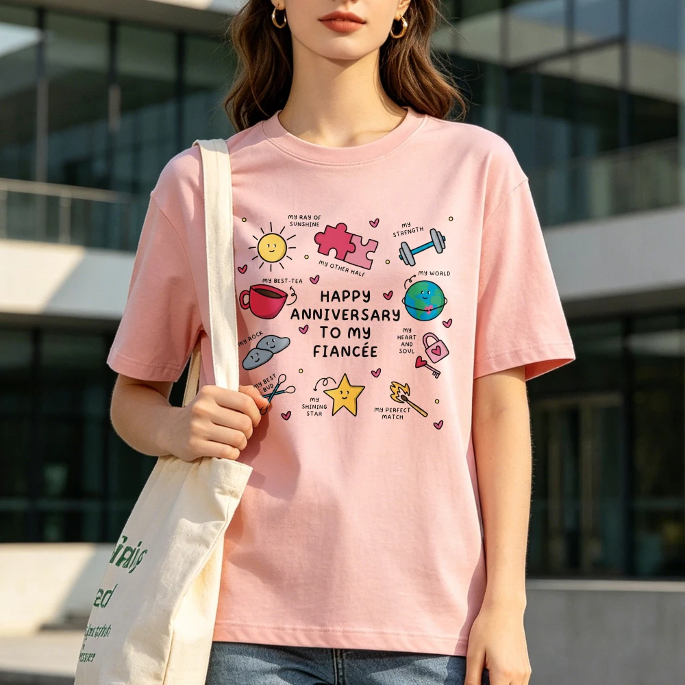 Fiancée Anniversary Unisex Tee Cute Doodle Love Motif Streetwear Cotton Top Couple Milestone Celebration Romantic Date Sweet Tee
