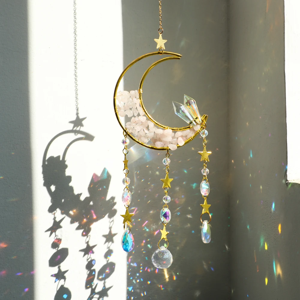 Lua sol apanhador de cristal e pedra sonho apanhador rainbow maker janela suncatcher prism feng shui cristais decoração do jardim caixa de presente