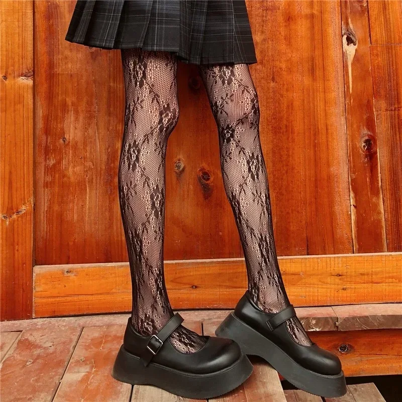 Kawaii  Women JK Lolita Sexy Lace Pantyhose Mesh Fishnet Thigh High Stockings White Black Japanese Flower Hollow Cute Tights