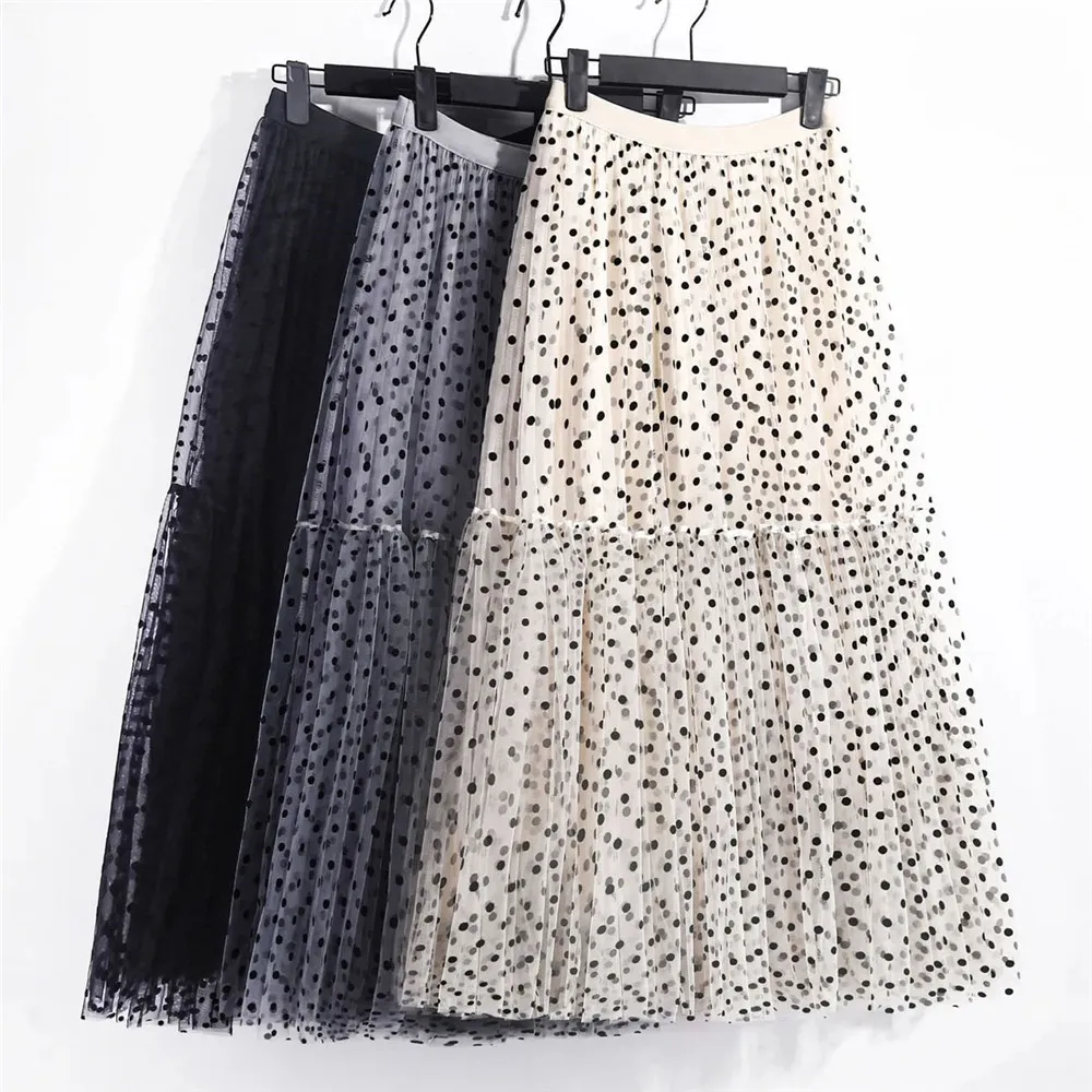 Elegant Polka Dot Tulle Skirts Women Casual Mesh Elastic High Waist A-Line Skirt Female Party Beach Princess Midi Pleated Skirt