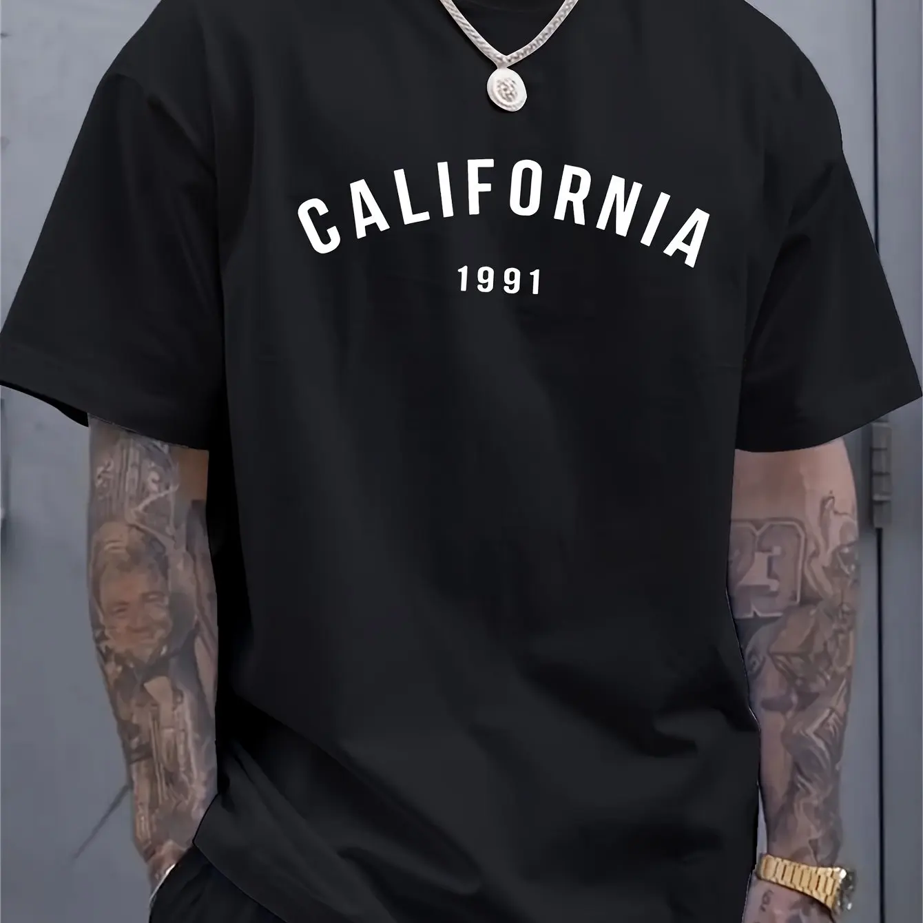 Men's summer 100% pure cotton fashionable casual loose sports California 1991 pattern print round neck short sleeved T-shirt top