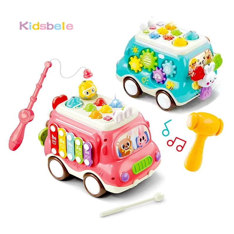 

Baby Multifunctional Activity Bus Toy Cartoon Rabbit Whack-a-Mole Fishing Game Toddler Piano Key Musical Instrument Sensory Toys