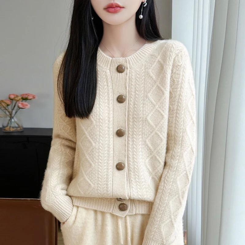 100% Merino Wool Winter O-neck Cardigan For Women Thickened Pure Colors Cashmere Knitted Button Sweater Female Clothing Tops