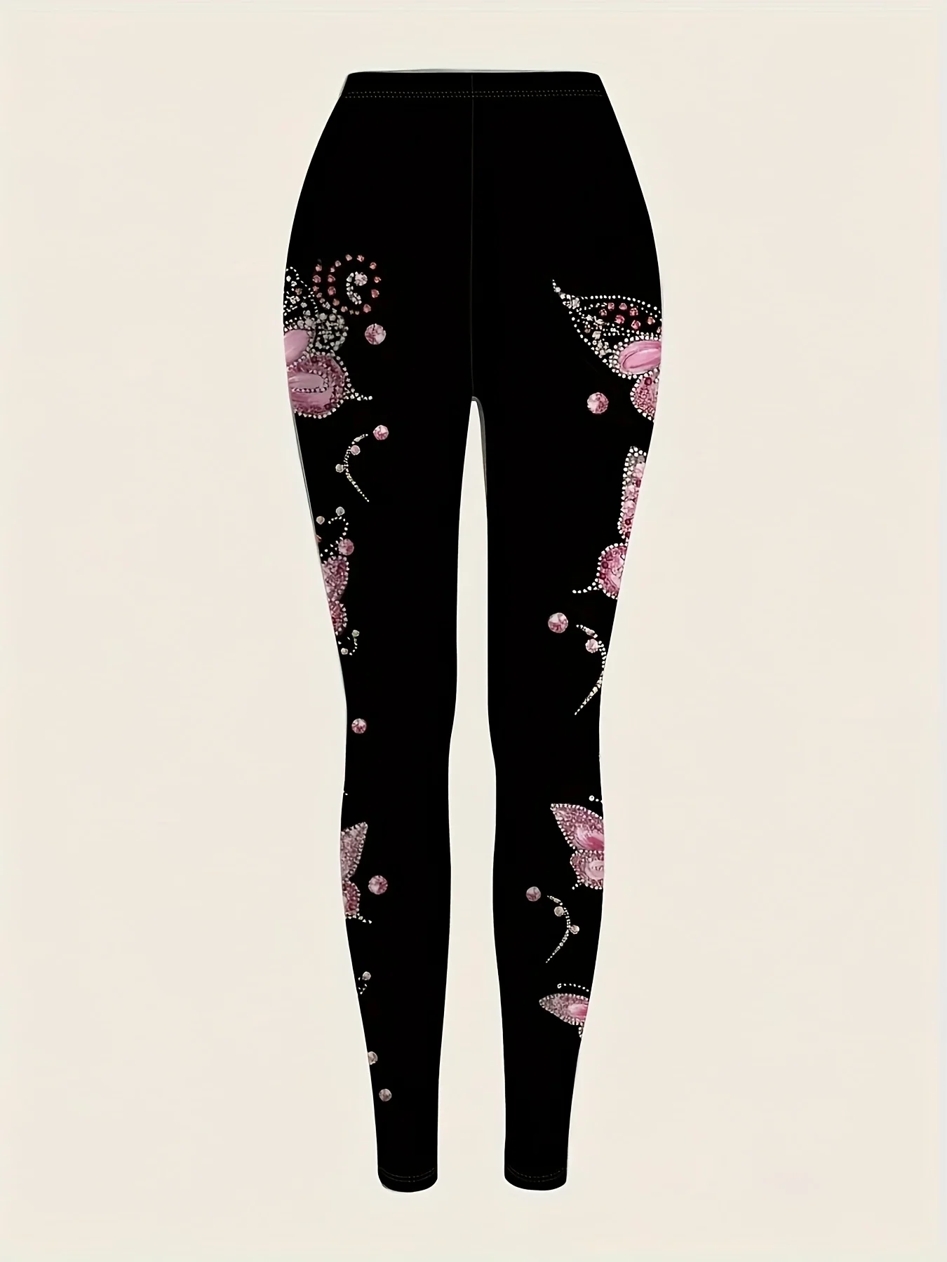 Women Mid‑Waist Fleece Lined Leggings, Black Base Pink Butterfly Floral Side Print, Slim Warm Casual Daily Pants