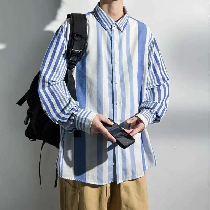 Spring Autumn Men's 2024 New Splicing Square Collar Button Stripe Fashion Minimalist Casual Loose All-match Long Sleeve Shirts