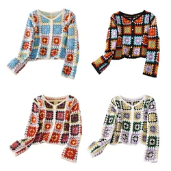 Spring Autumn Knit Sweater Cardigan for Women Long Sleeve  Button Down Crochet Colorful Geometric Pattern Coat