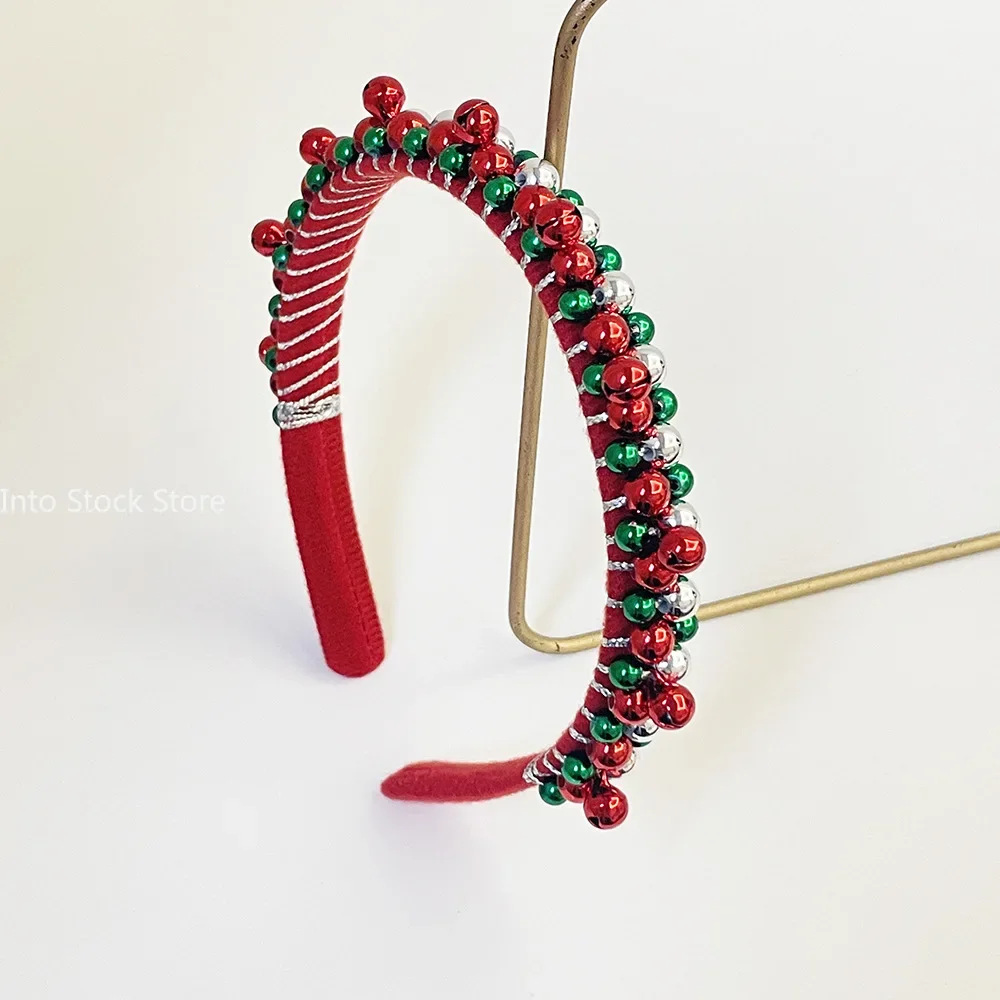 New Red Green Christmas Headband Women's Simple Thin Edges Flannel Jingling Bell Beaded Winding Holiday Hair Accessories