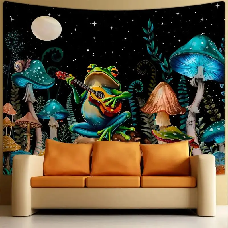 VIKAMA Playing Guitar, Frog Mushroom, Moonlit Tapestry Psychedelic Hippie Wall Hanging Bedroom Dormitory e-Sports Room Decor
