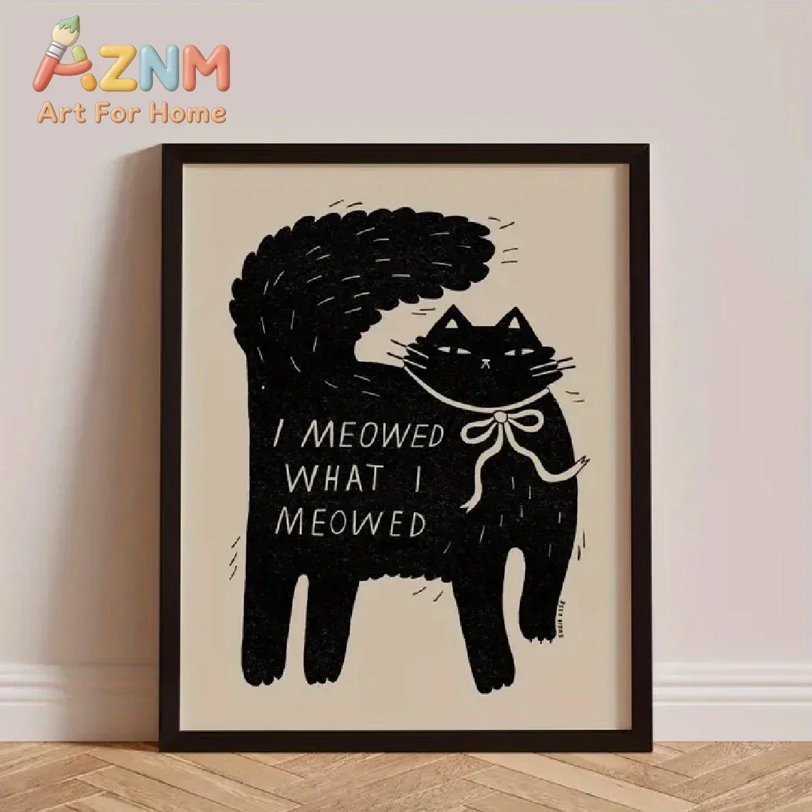 AZNM I Meowed What I Meowed Canvas Prints Funny Black Cat Bow Tie Retro Linocut Art Frameless Canvas Poster Pet Lover Wall Decor