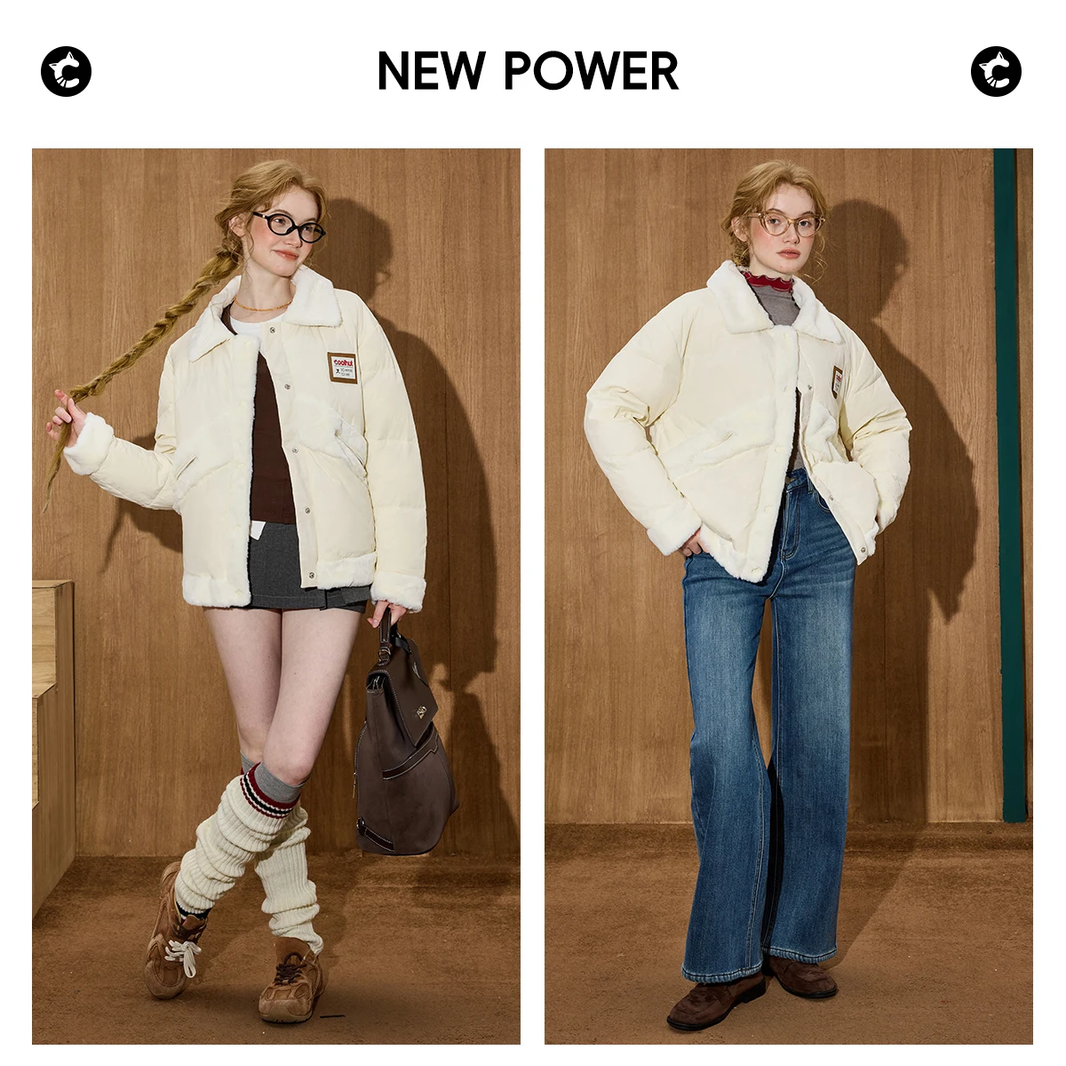 COOLHUT 2025 Winter Women's 90% Down Lapel Parka Faux Shearling Accent Puffer Relaxed Quilted Jacket Plush Thermal Lining