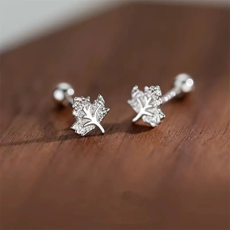 925 Silver Plated Screw Zircon Maple Leaf Stud Earrings for Women Girls Party Birthday Jewelry Minimalist Accessories e1843