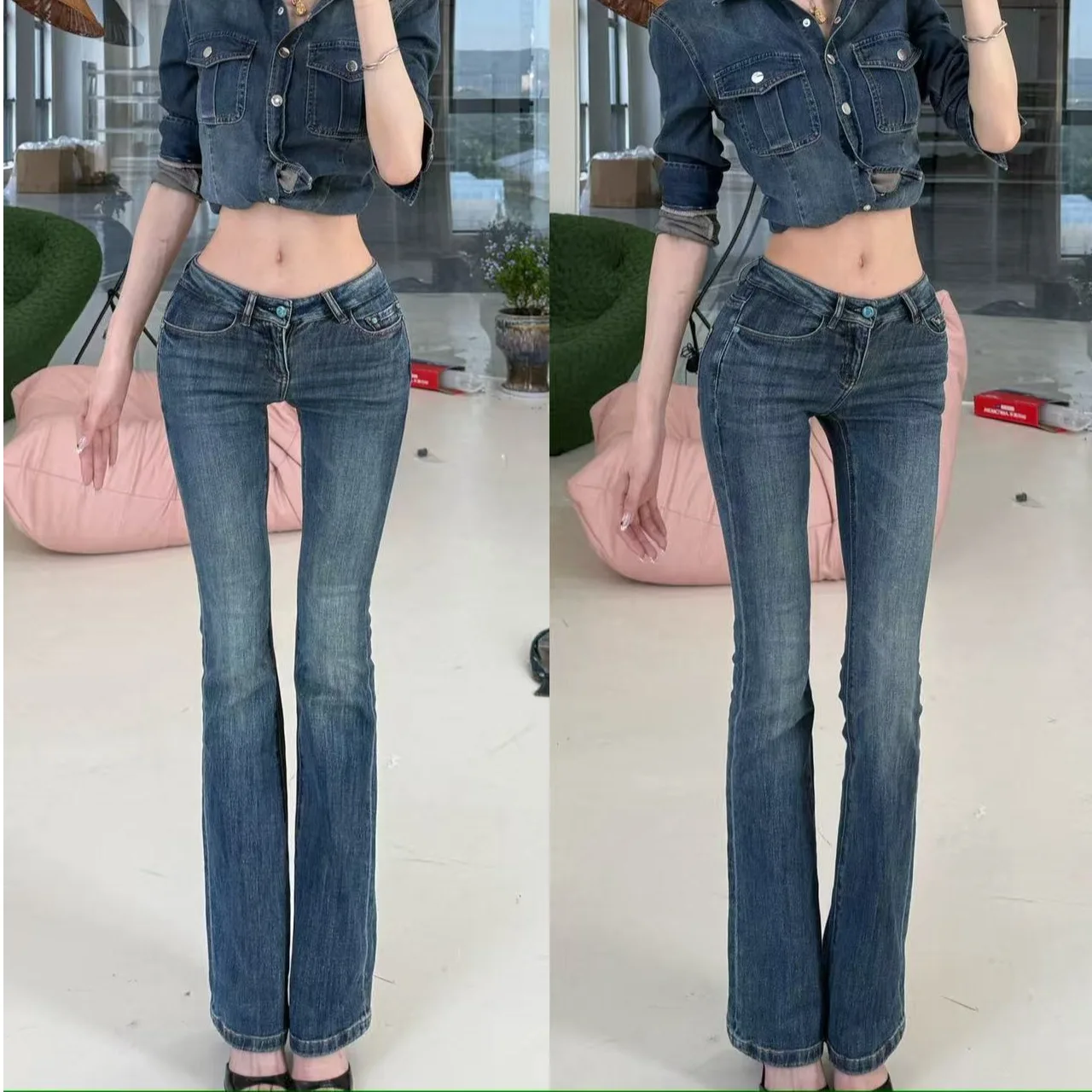 Sexy Low Waist Flared Jeans Women's Retro Vertical Stripe  Flare Body Shape Low Waist Elastic Hip Enhancing Jeans Denim