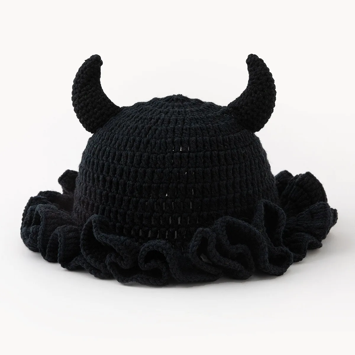 Wrinkled Lotus Leaf Edge Handmade Knitted Caps Men's And Women's Little Devil Cow Horn Creative Adult Versatile Casual Hats