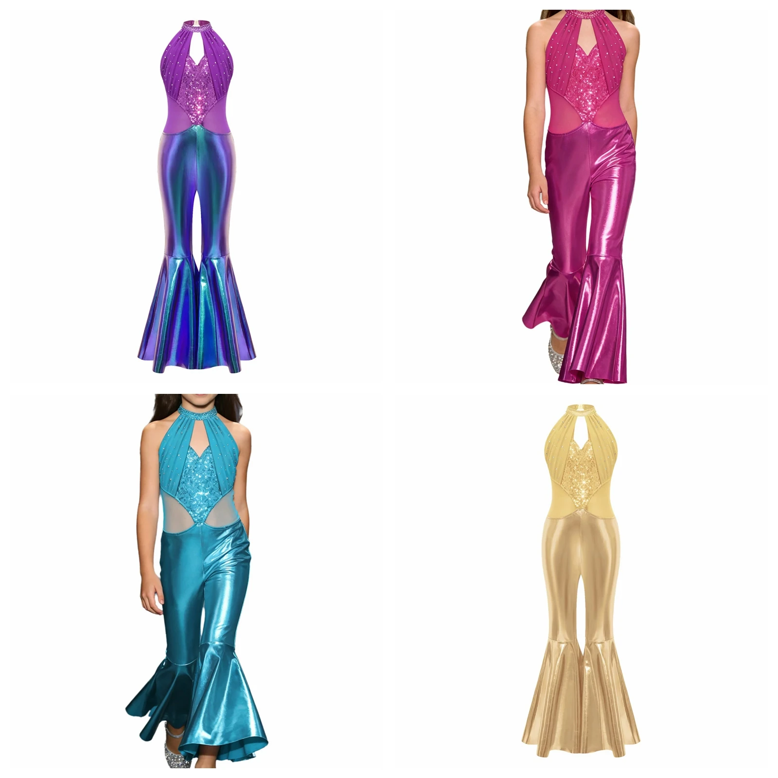 

Girls Metallic Flared Pants Jumpsuit Halter Party Rompers Sleeveless Sequins 60s 70s Disco Jazz Dance Flares Birthday Costume
