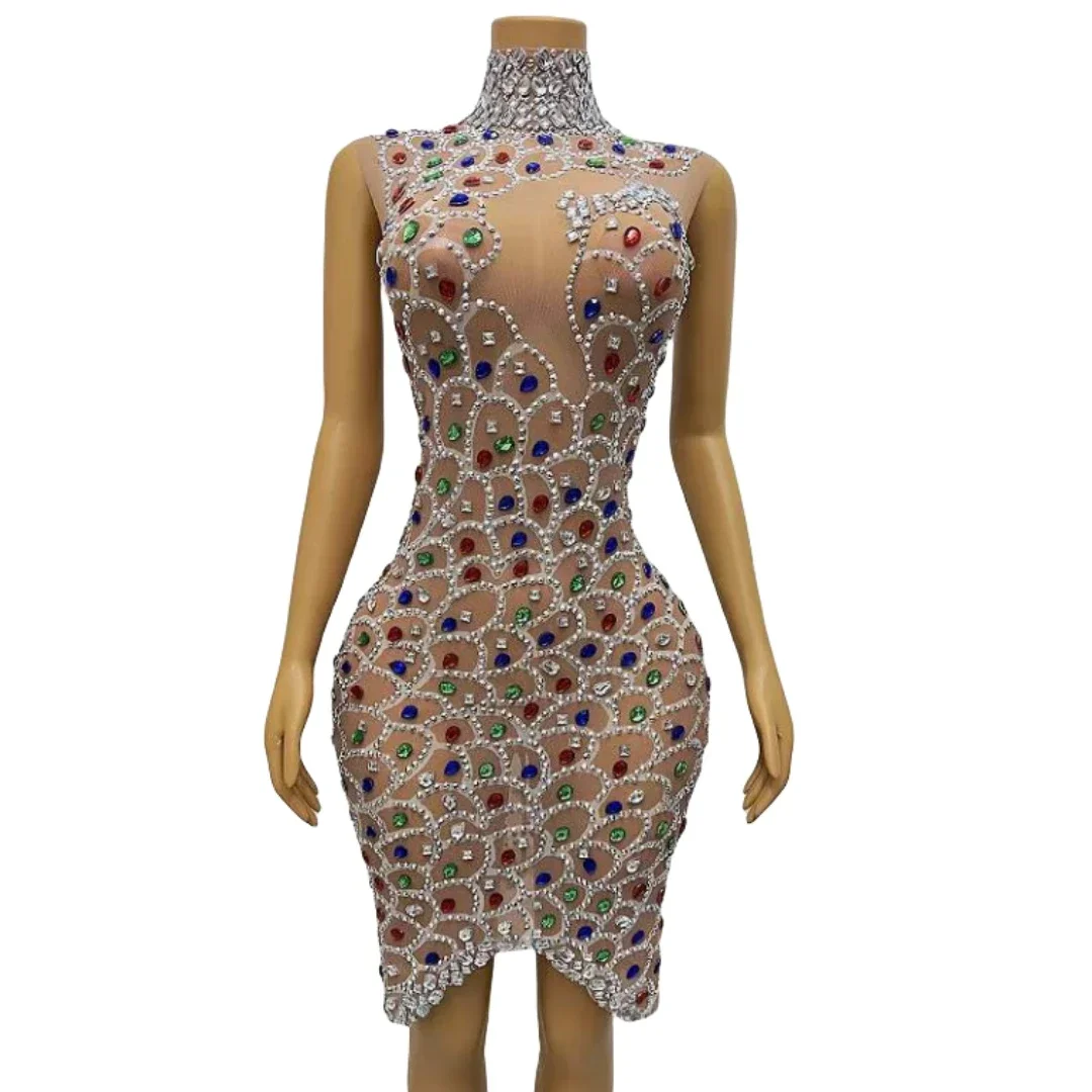

Sparkly Women Rhinestone Short Dress Crystals Birthday Party Stage Wear Performance Sleeveless Drag Queen Sexy Costume Elegant
