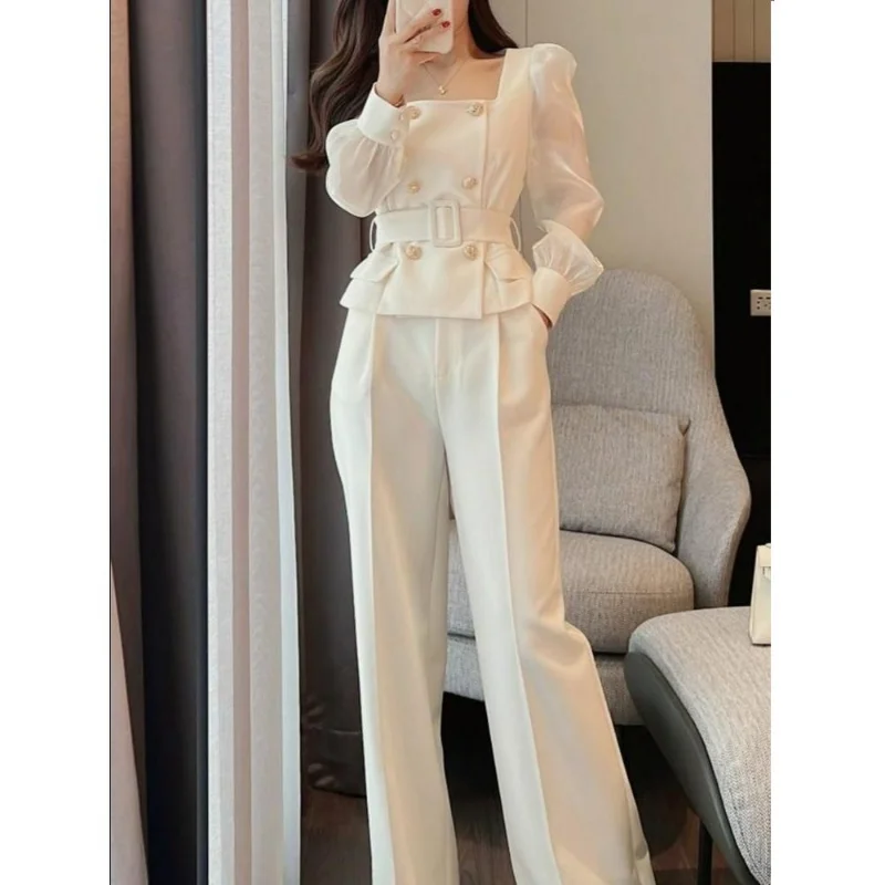 Loose Tailored Trousers Wide Leg Pant Suits Autumn Square Collar Double-breasted Blazers Women Belt Waist Thin Coat 2 Sets