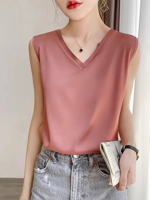 ホワイトサテンシミュレーションシルクベストトップ女性のVネスベルタンクトップアセテート素材スーツインナーウェア夏のベースレイヤー