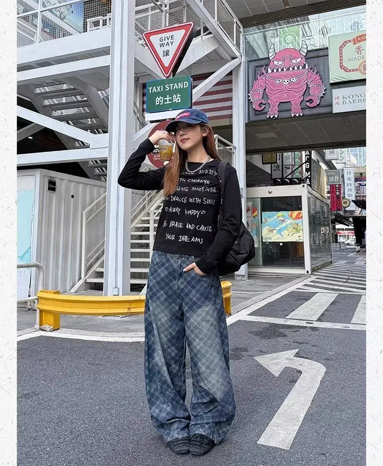 جينز جينز جديد على الطراز الأمريكي القديم من Diamond Grid مغسول لكل من الرجال والنساء Y2K سروال واسع الساق فضفاض ملابس الشارع الشهير على الأرض #6