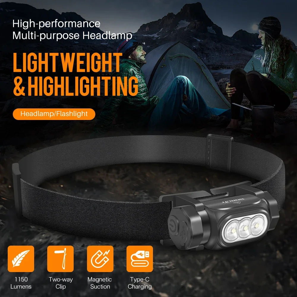 BORUiT HP130 1150LM IP68 LED Headlamp Memory Function Type‑C Rechargeable Multi‑use Head Flashlight For Camping Hiking Fishing