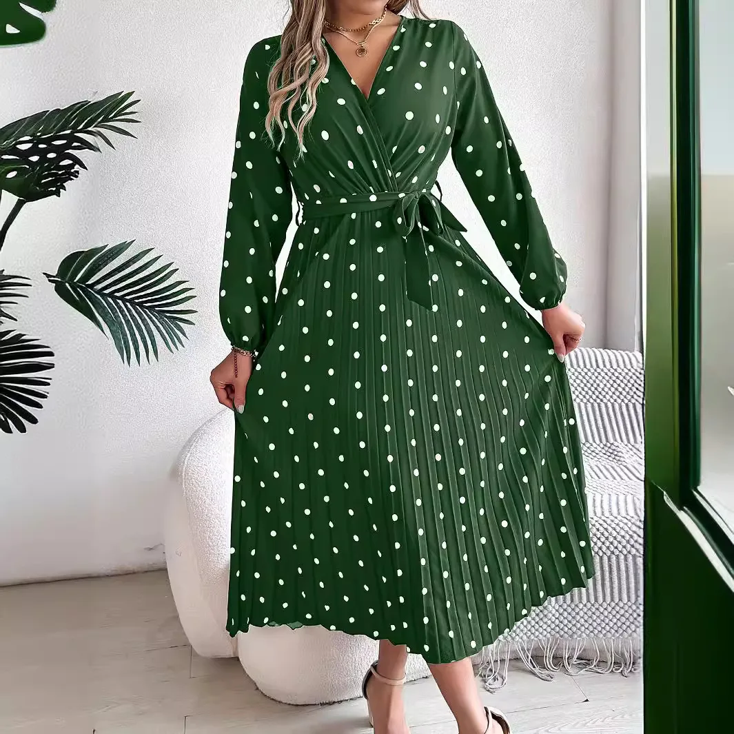 Autumn and Winter Elegant Contrasting Polka Dots Cross V-neck Pleated Long Dress Womens Clothing