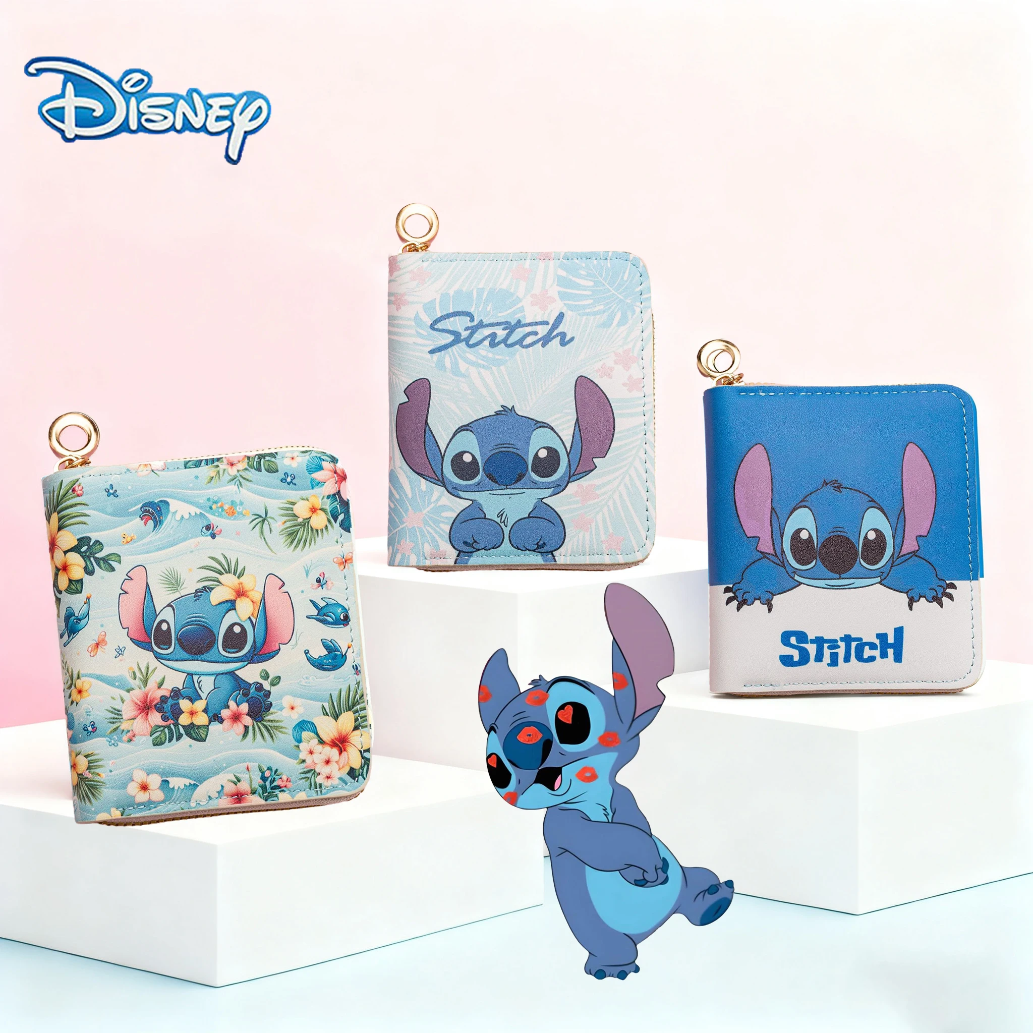 Cartera de Anime Disney Stitch, Mini monedero con cremallera y tarjetero, cremallera en capas, diseño de muñeca de dibujos animados, bolsa de viaje, juguetes, regalos