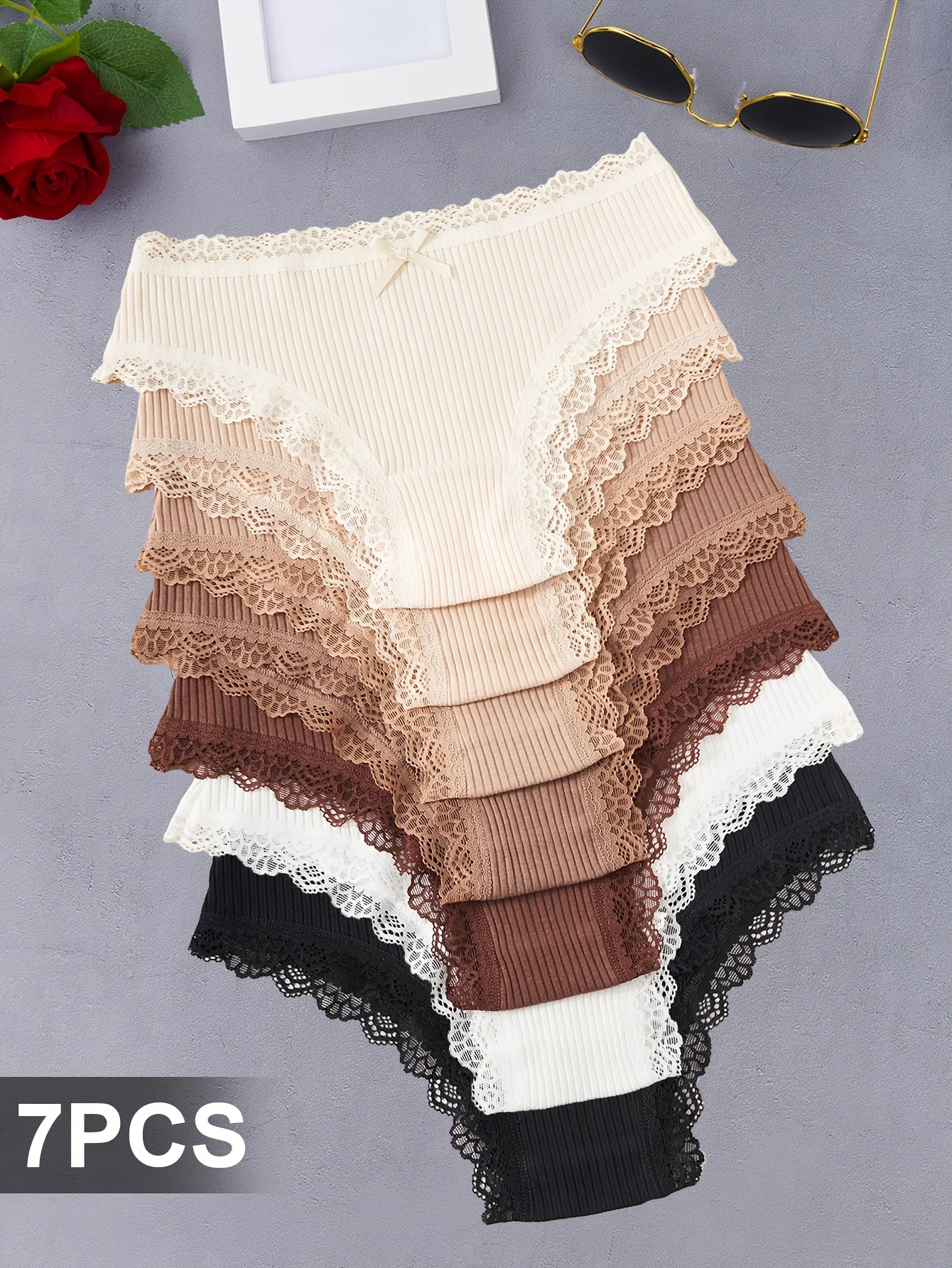 7‑Piece Set of Solid‑Color Lace Bow Low‑Rise Panties
