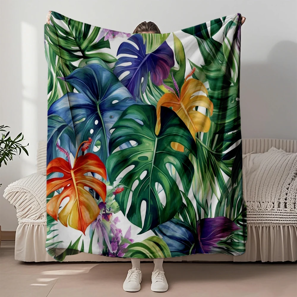

Trendy Flannel Soft Blanket Colourful Monstera Pattern Abstract Quilted Bed Runner Hospitality Bedding Lightweight Anti-pilling