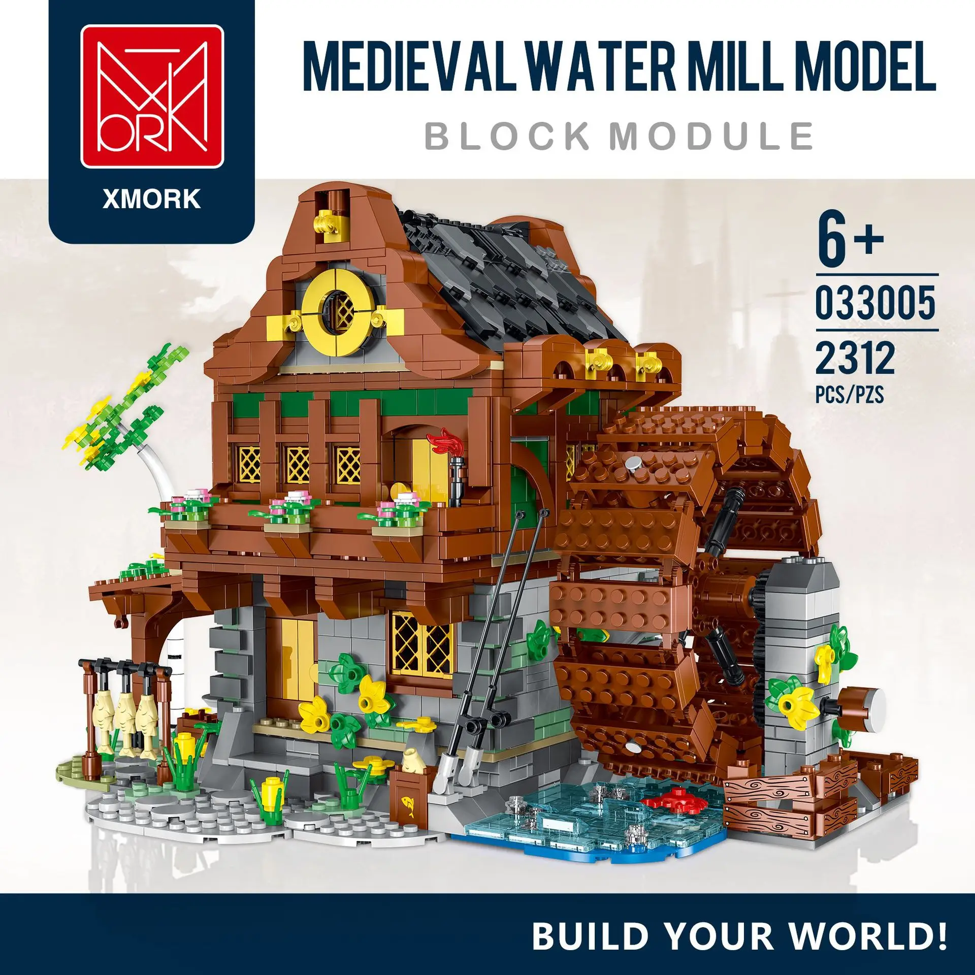 Moke 033005 Medieval water wheel model Modular Street View MOC series Boys DIY toy Building blocks Gift table decoration 2312Pcs