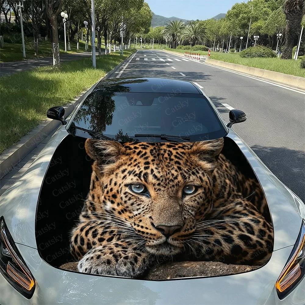 Fierce Leopard Car Hood Sticker PVC Self Waterproof Stick, Striking Auto Exterior Accessories Decor Protect Gift for Car Lover