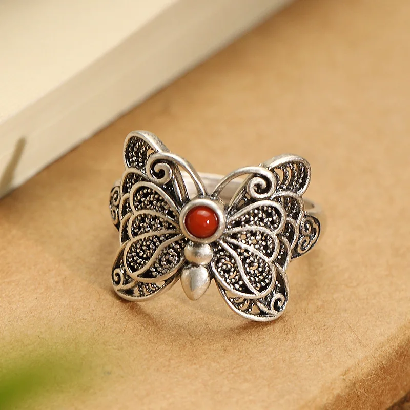 Pastoral style silver butterfly rings for women Vintage exquisite Southern Red Tourmaline engagement ring banquet jewelry gift