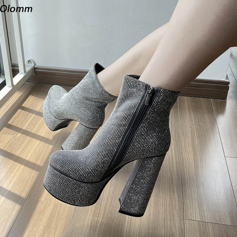 

Olomm Women Winter Platform Ankle Boots Rhinestone Block Heels Round Toe Black Grey Boutique Party Shoes Plus US Size 5-9.5