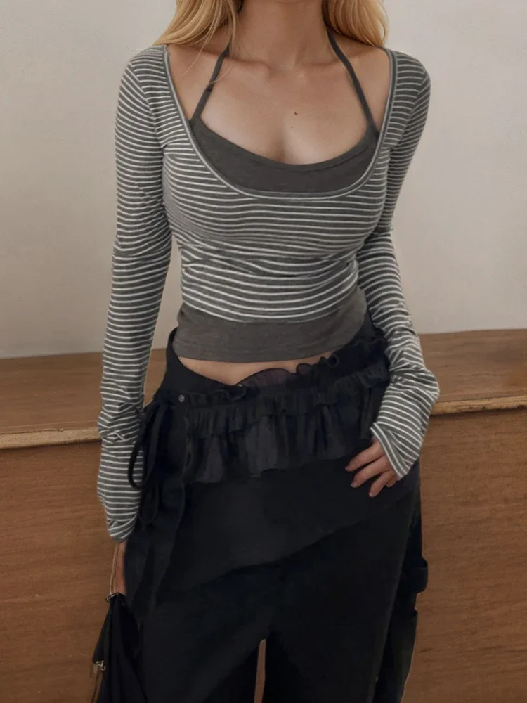 Harajuku Fake Two Pieces Stripe T-shirts Y2k Aesthetic Casual Halter Cropped Tshirts Autumn Women Patchwork Grunge Bodycon Tops