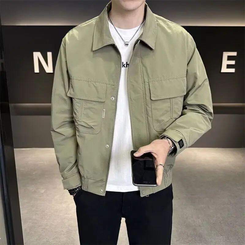 

Повседневная свободная мужская куртка, однотонный воротник-стойка, уличная рабочая одежда, двойная одежда, свободный крой, осенний модный топ, молодежный полиэстер
