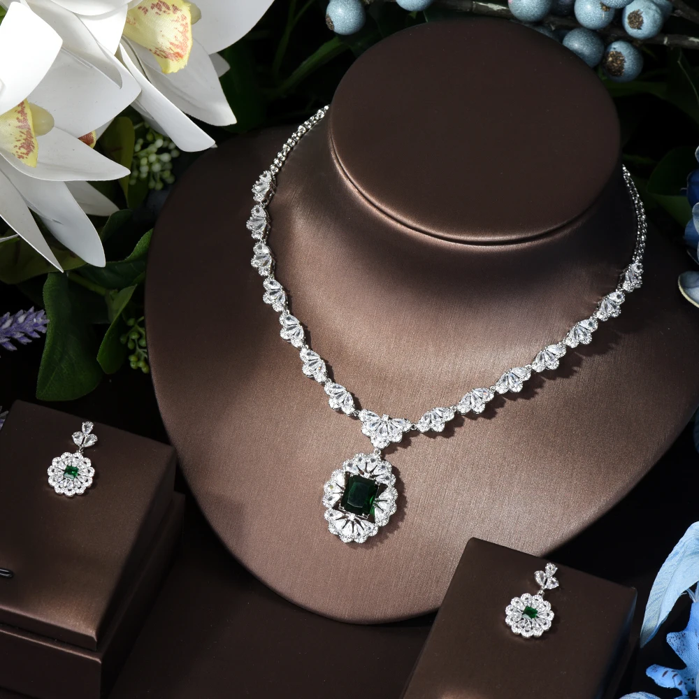 HIBRIDE Shiny Cubic Zirconia Flower Earrings Necklace Pageant Luxury Brides Jewelry Sets For Women Wedding Gifts Bijoux N-267