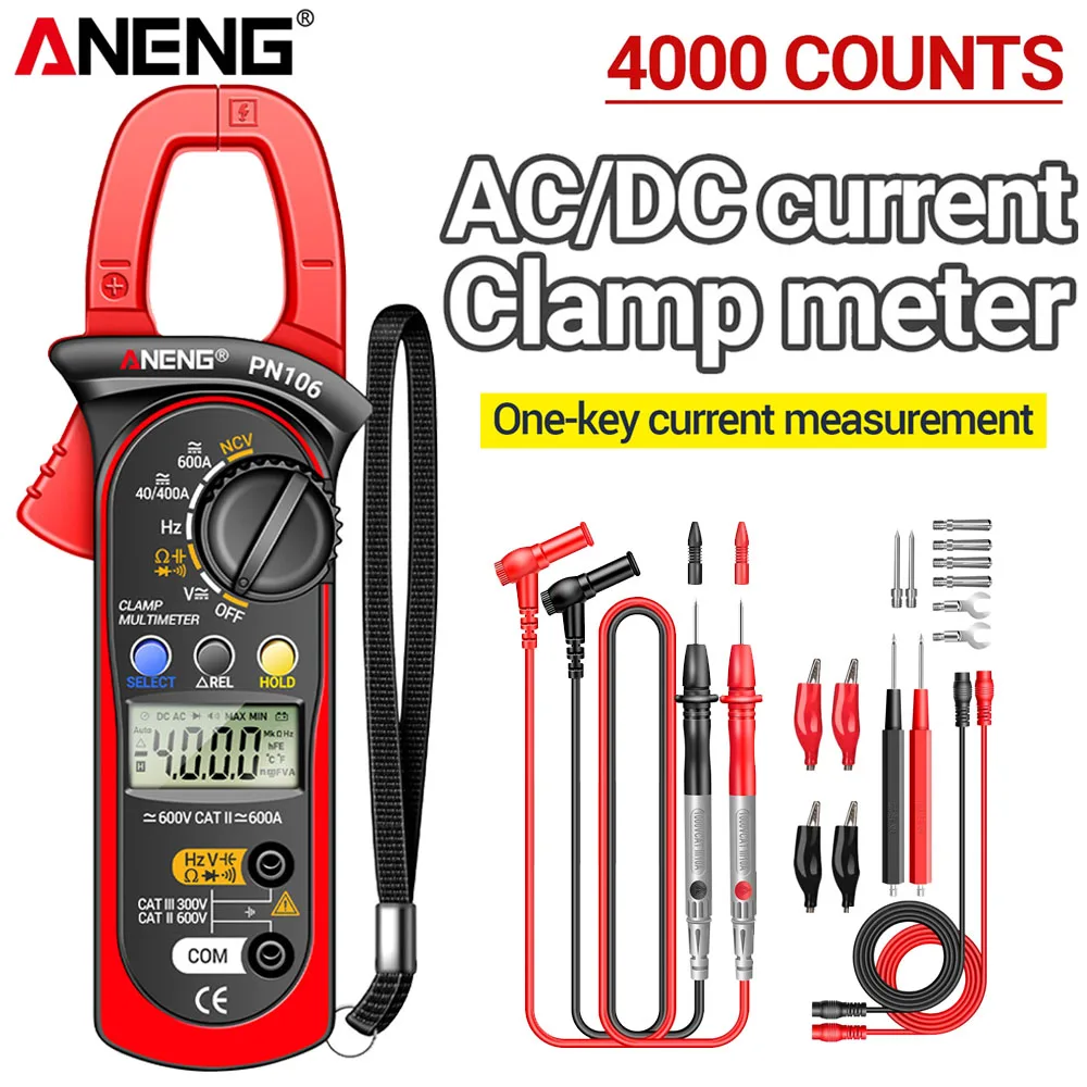 aneng-pn106高精度クランプメーター-4000カウント-600a-ac-dc電流-600v電圧-抵抗・静電容量・周波数測定