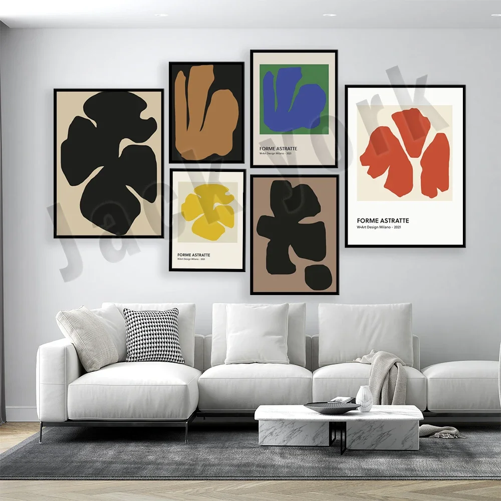 Abstract shape art, coral red shapes, mid century modern, original amber art print, scandinavian italian contemporary art poster