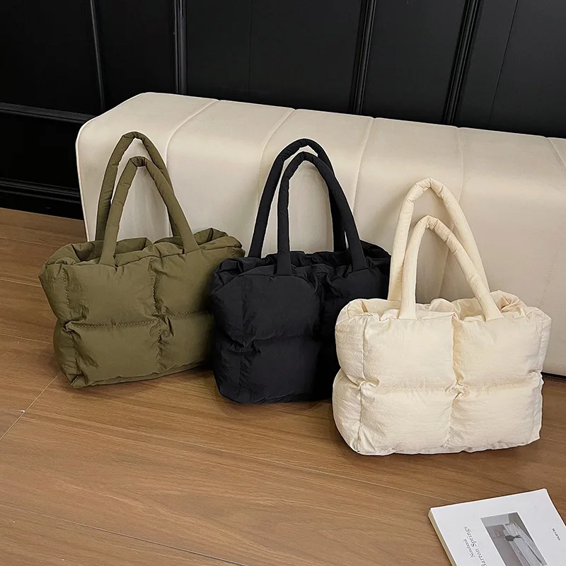 Winter Tote Bag Women's Down Handbag Cotton Soft Plaid Handbag Minimalist Space Tot Bag Cloud Shape Nylon Material Double Zipper