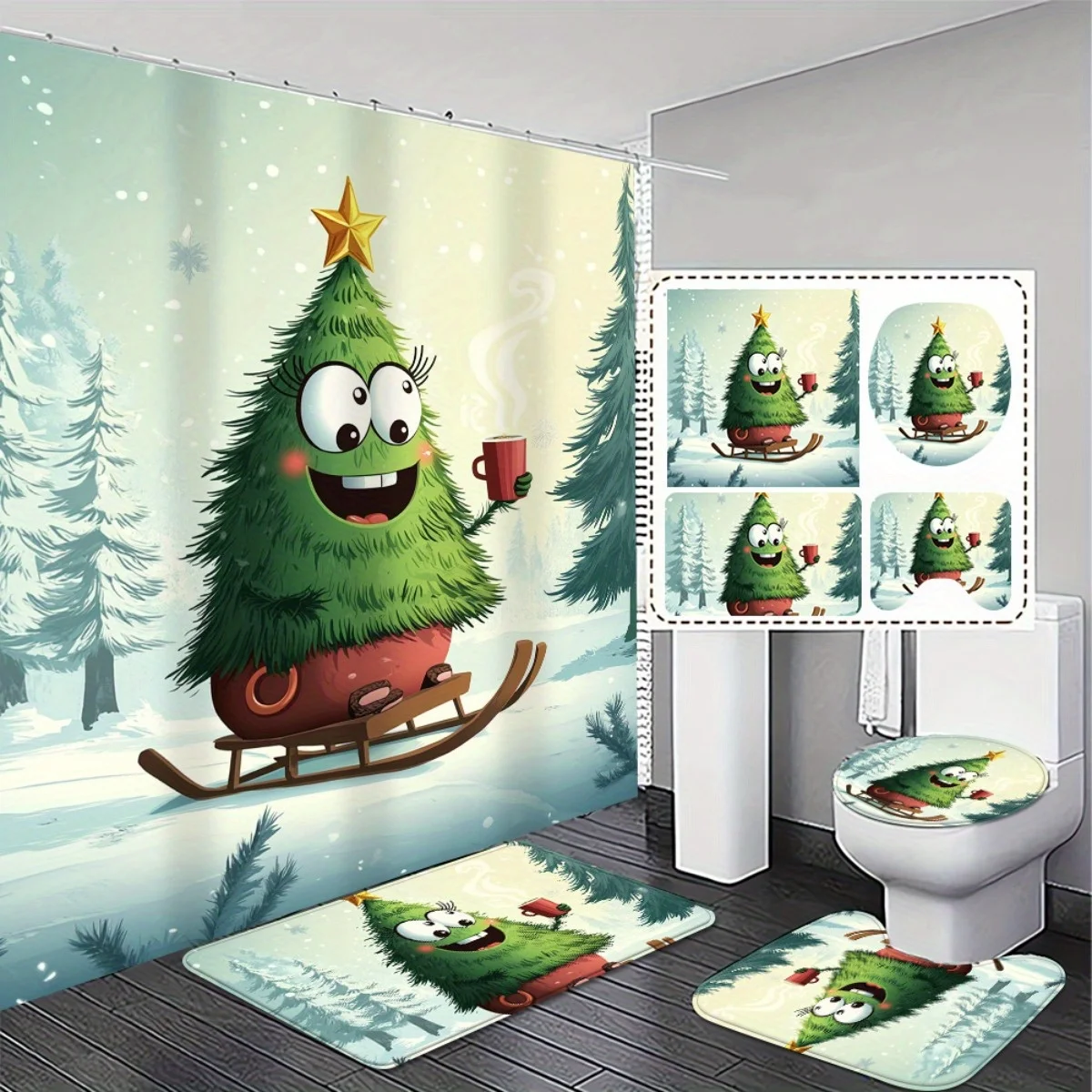 

4pcs Christmas Shower Curtain Set with Non-Slip Bath Rug(s) - High Quality Green Tree & Snowman/Sleigh Design, Durable Plast
