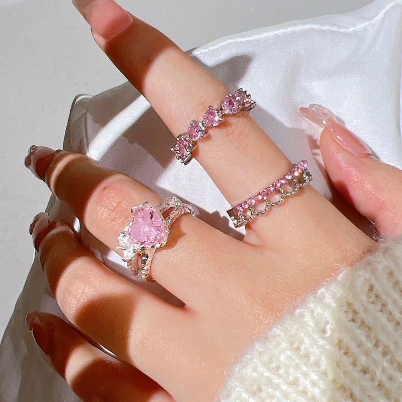 Pink Crystal Heart Bowknot Rings For Women Girls Y2k Kpop Sweet Cool Open Finger Rings Party Fashion Jewelry Gifts 2024 New