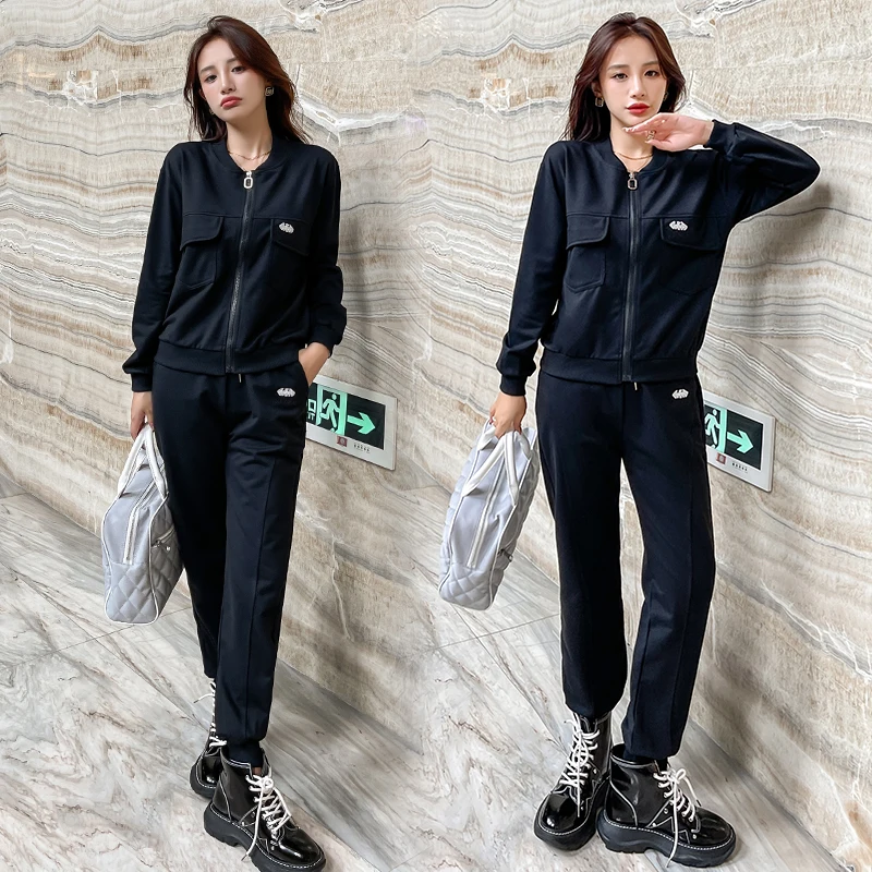 Women Spring Two Piece Set O Neck Jacket Tops And Pant Plus Size Matching Outfit Sport Run Streetwear Solid Black Gray Tracksuit