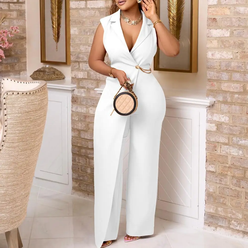 

Summer Jumpsuit for Women Elegant V Neck Jumpsuit with Chain Detailing for Women Formal Business Style Wide Leg Suit Summer