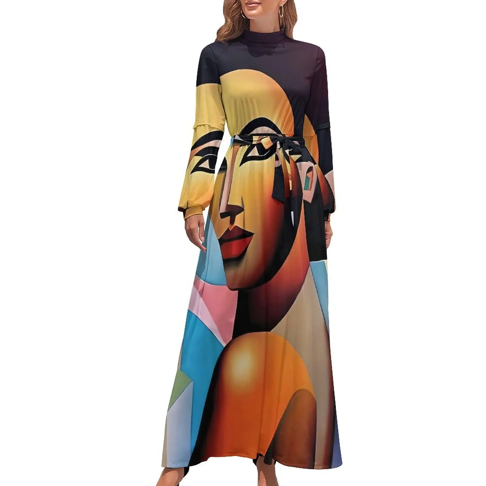 

Lady Face Art Board Print Dress Cubist Style Aesthetic Beach Dresses Women Long Sleeve High Waist Elegant Long Maxi Dress