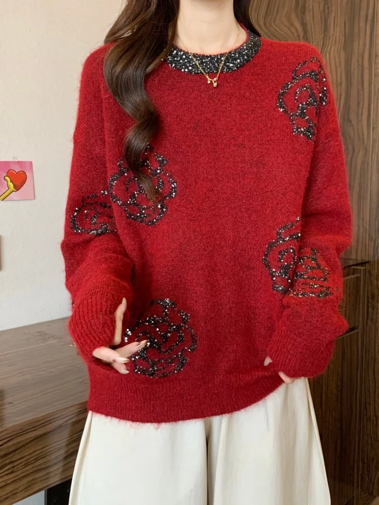 

SMTHMA женская одежда, новый осенне-зимний корейский пуловер с блестками и цветами, женский рождественский вязаный свитер с круглым вырезом и длинными рукавами