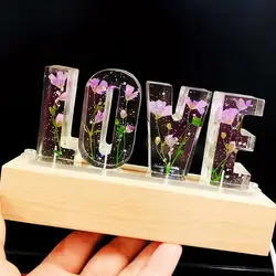 Floral Resin Night Light Cute Flower Letters Lamp Car Art Ornaments Resin Letters Light With Wood Base Light Up Letters Wedding