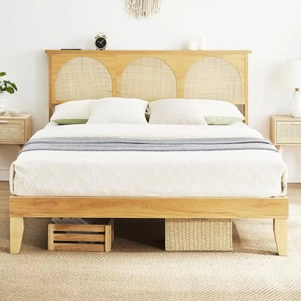 Wooden Bed Frame Queen Size with Rattan Headboard LED Lights Storage Function No Box Spring Needed Strong Rustic Design Canopy