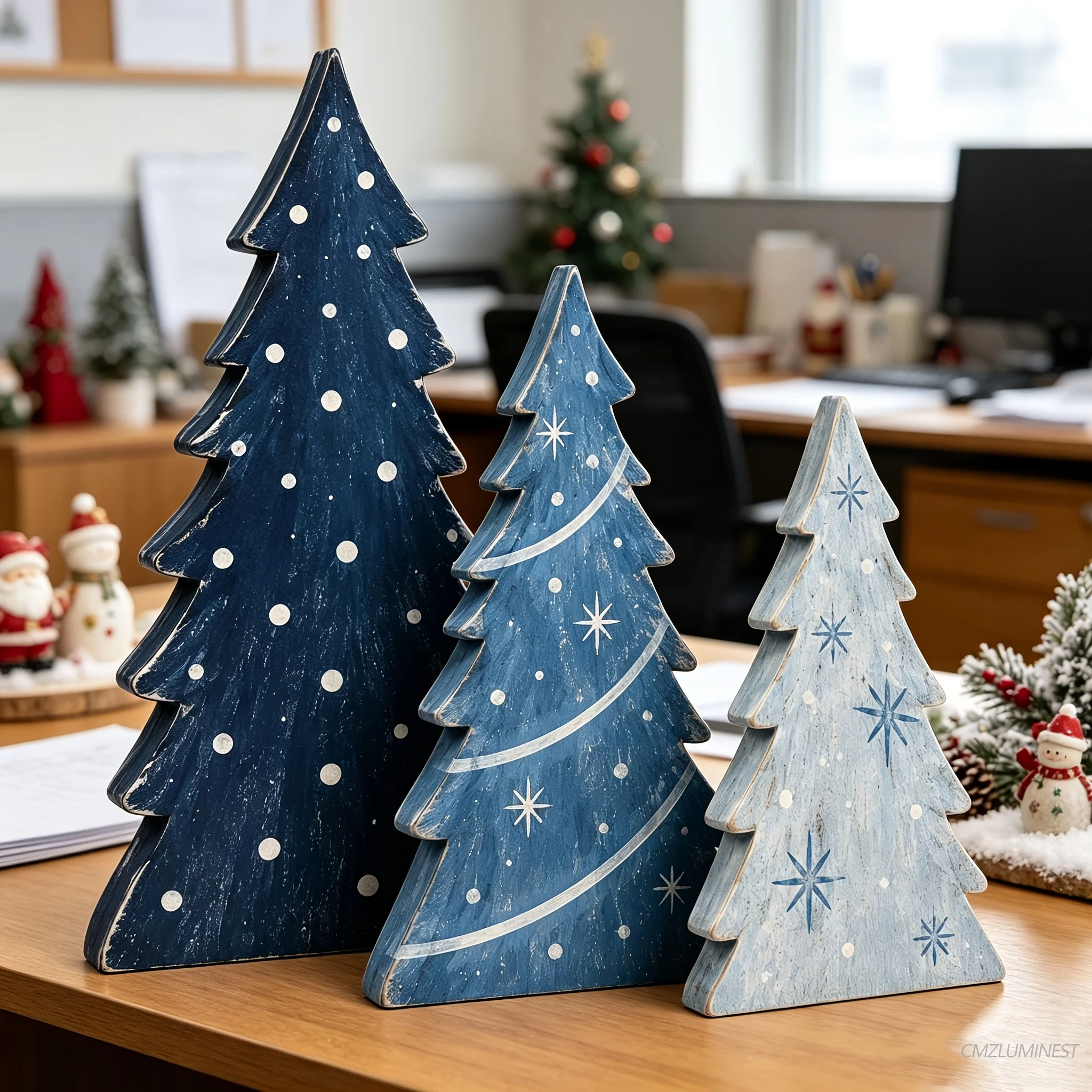 3-Piece Set of Randomly Assorted Rustic-Style Wooden 2D Flat Thickened Winter Wonderland Multi-Layer Tray Decorations—Gradient Navy Blue and Ice Blue Distressed Snowflake Pine Branch Ornaments—Classic Farmhouse Style Home Decor, Suitable for Dining Tables, Bar Counters, Entryways, Living Rooms, Kitchens, Multi-Layer Trays, and Bookshelves—Perfect Cool-Toned Christmas Props, Suitable for Family Gatherings