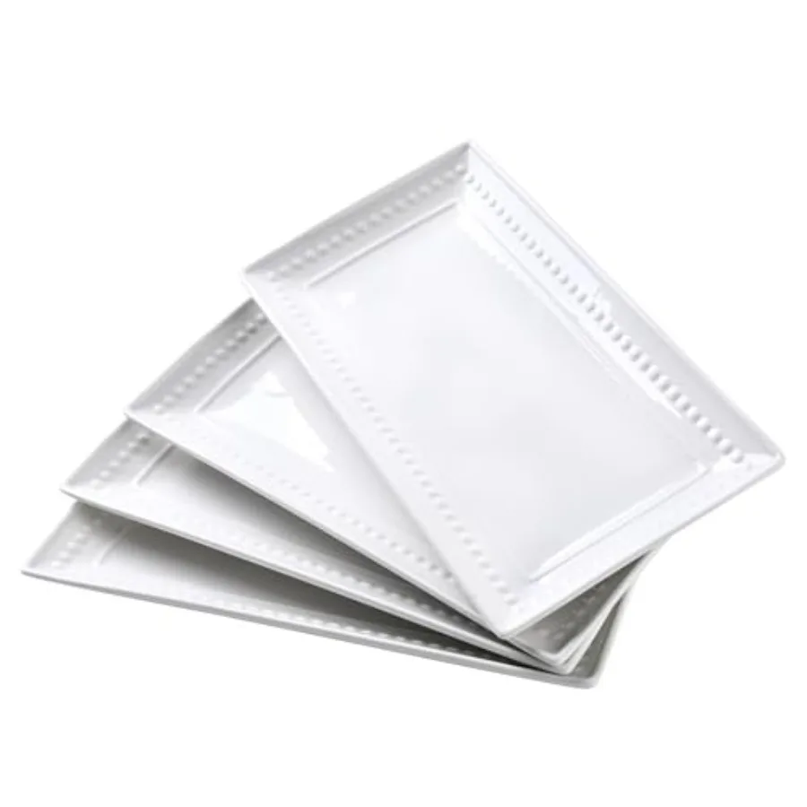 

14 Inch Rectangular Ceramic Serving Platter Set of 4 Large Embossed Porcelain White Plates for Steak Appetizer Dessert Tacos Ho